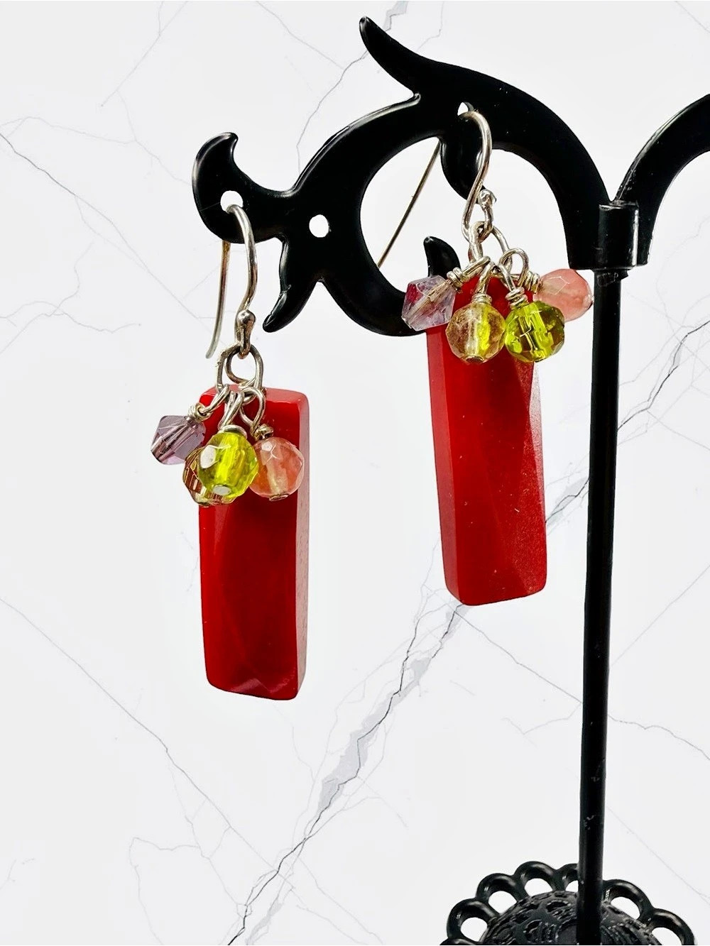 Sterling Silver Red Jasper Coral Color Dangle Hook Earrings Green Pink Purple